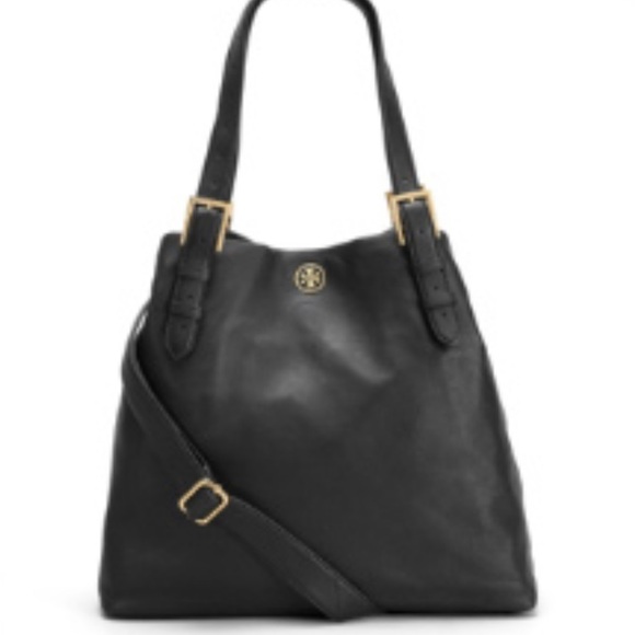 Tory burch gold hardware Black Leather Tote Bag crossover crossbody - Picture 1 of 7